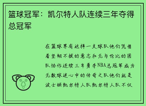 篮球冠军：凯尔特人队连续三年夺得总冠军